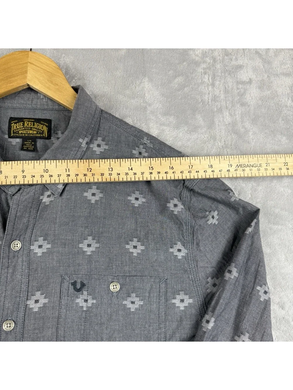True Religion Gray Geometric Jacquard Button Up Shirt Dual Pocket Men’s L Y2K
